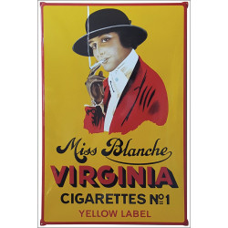 Miss Blanche Virginia Cigarettes No 1 Yellow Label Emaille Bord 68x100cm met Oren