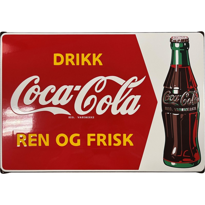 Coca Cola Emaille Bord Drikk Ren Og Frisk 60x40cm met oren gebogen randen - Emaille Kopie