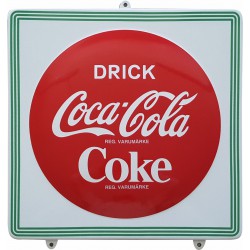 Coca Cola Button Emaille Bord Drick Coke Swedish Zweeds 45x45cm gebogen randen - Emaille Kopie