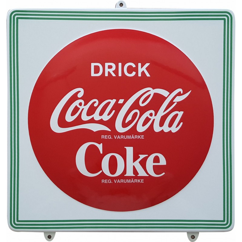 Coca Cola Button Emaille Bord Drick Coke Swedish Zweeds 45x45cm gebogen randen - Emaille Kopie