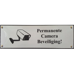 Emaille Bord - Permanente Camera Beweiliging Zwart 22,5x7cm convex